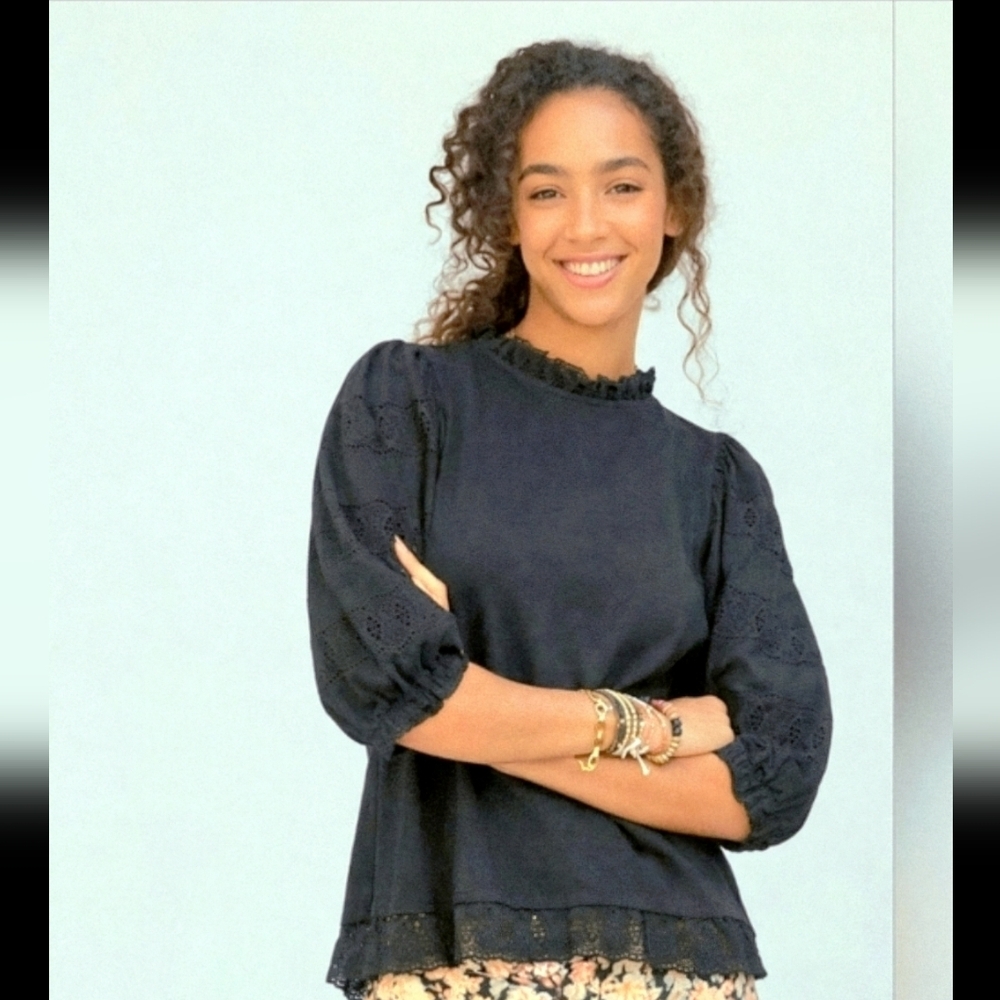 Anthropologie OTHILIA Idina Eyelet Top in Black. Size Medium
